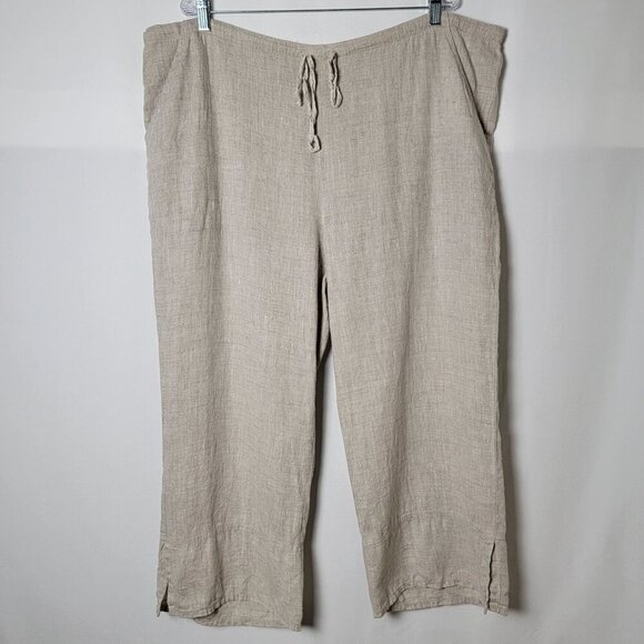 Match Point USA Beige Linen Lagenlook Boho Drawstring Cropped Pants XL Pockets - Picture 2 of 11